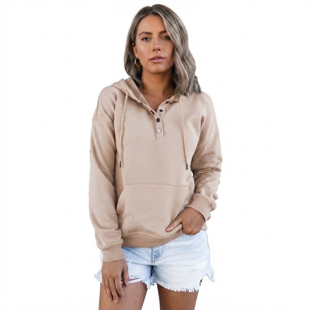 Hattie Marsh | Blue Hooded Button Drawstring Sweatshirt For Women