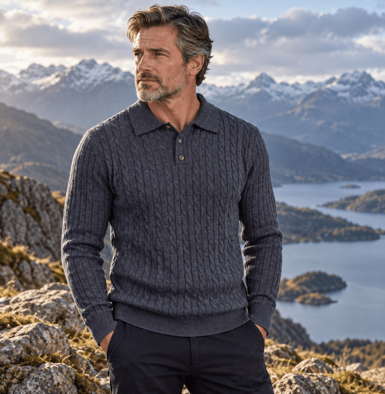 Callum Harwood | Cable-Knit Polo Sweater For Men
