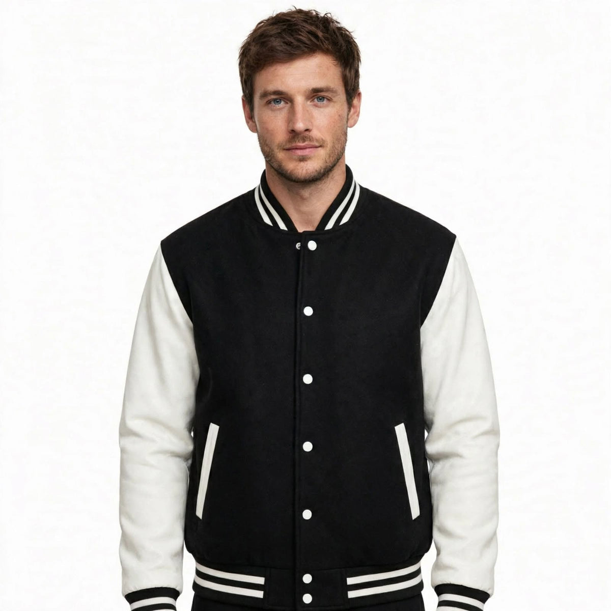 Rhys Sutton | Varsity Mens Jacket With Contrast Leather Sleeves