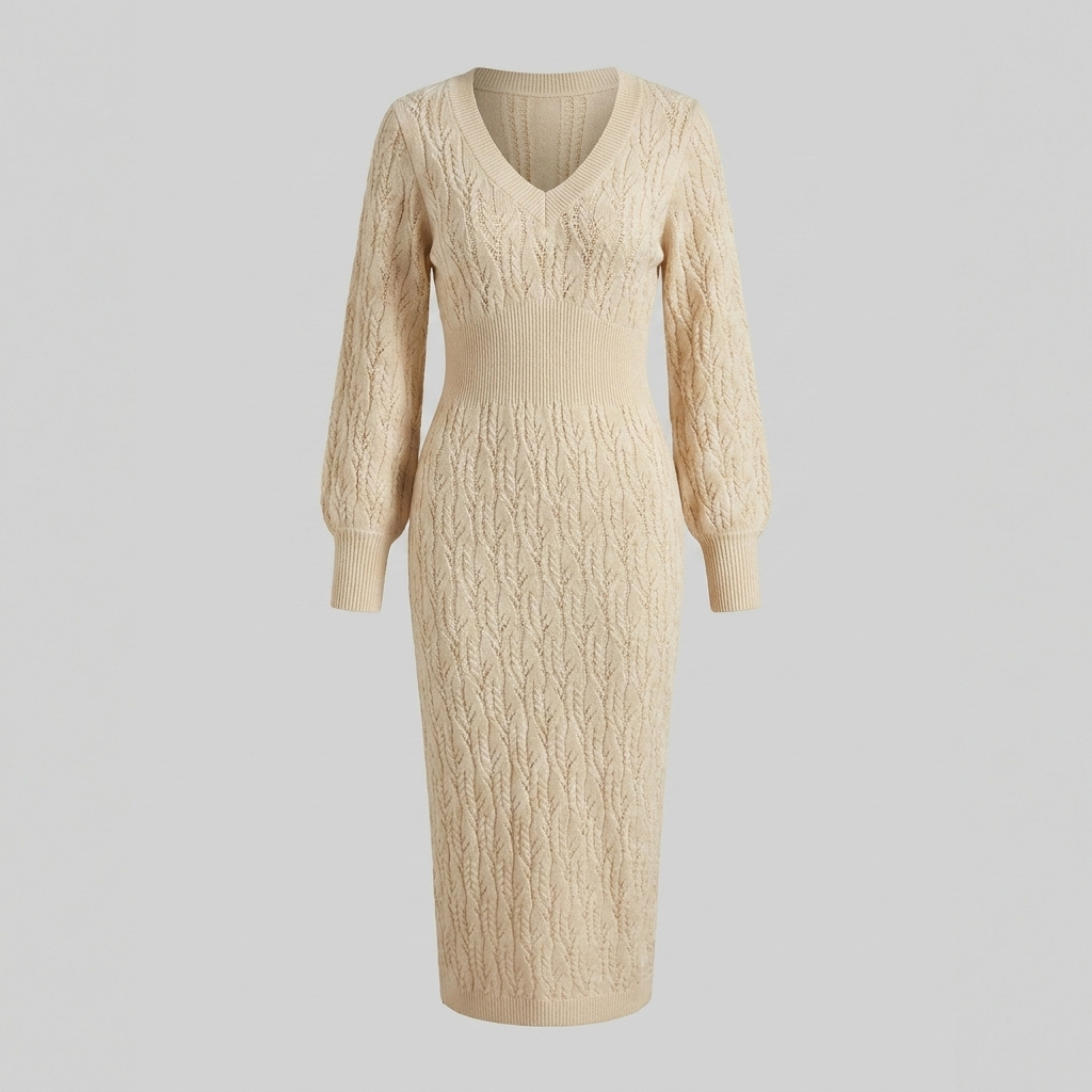 Imogen Whitfield | Cable Knit V-Neck Midi Dress