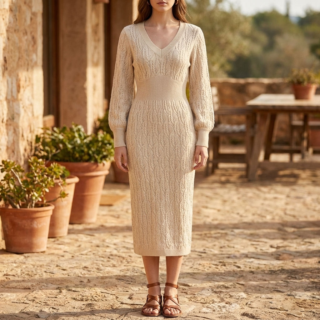 Imogen Whitfield | Cable Knit V-Neck Midi Dress