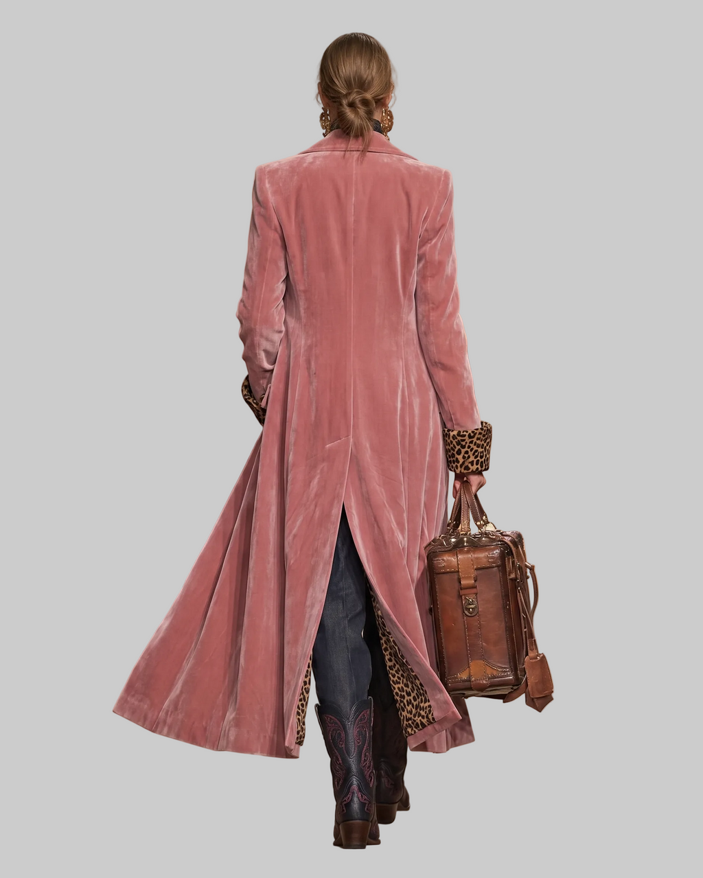 Women's Ankle-Length Tailored Coat with Leopard-Print Lining and Notched Lapels