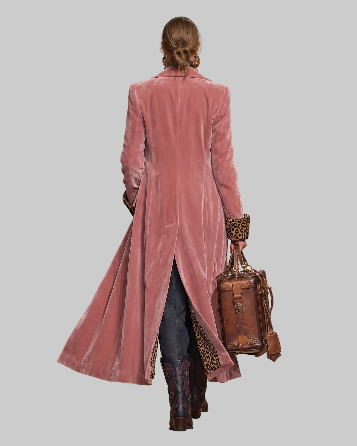 Women's Ankle-Length Tailored Coat with Leopard-Print Lining and Notched Lapels