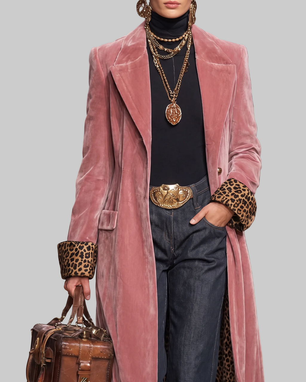 Women's Ankle-Length Tailored Coat with Leopard-Print Lining and Notched Lapels