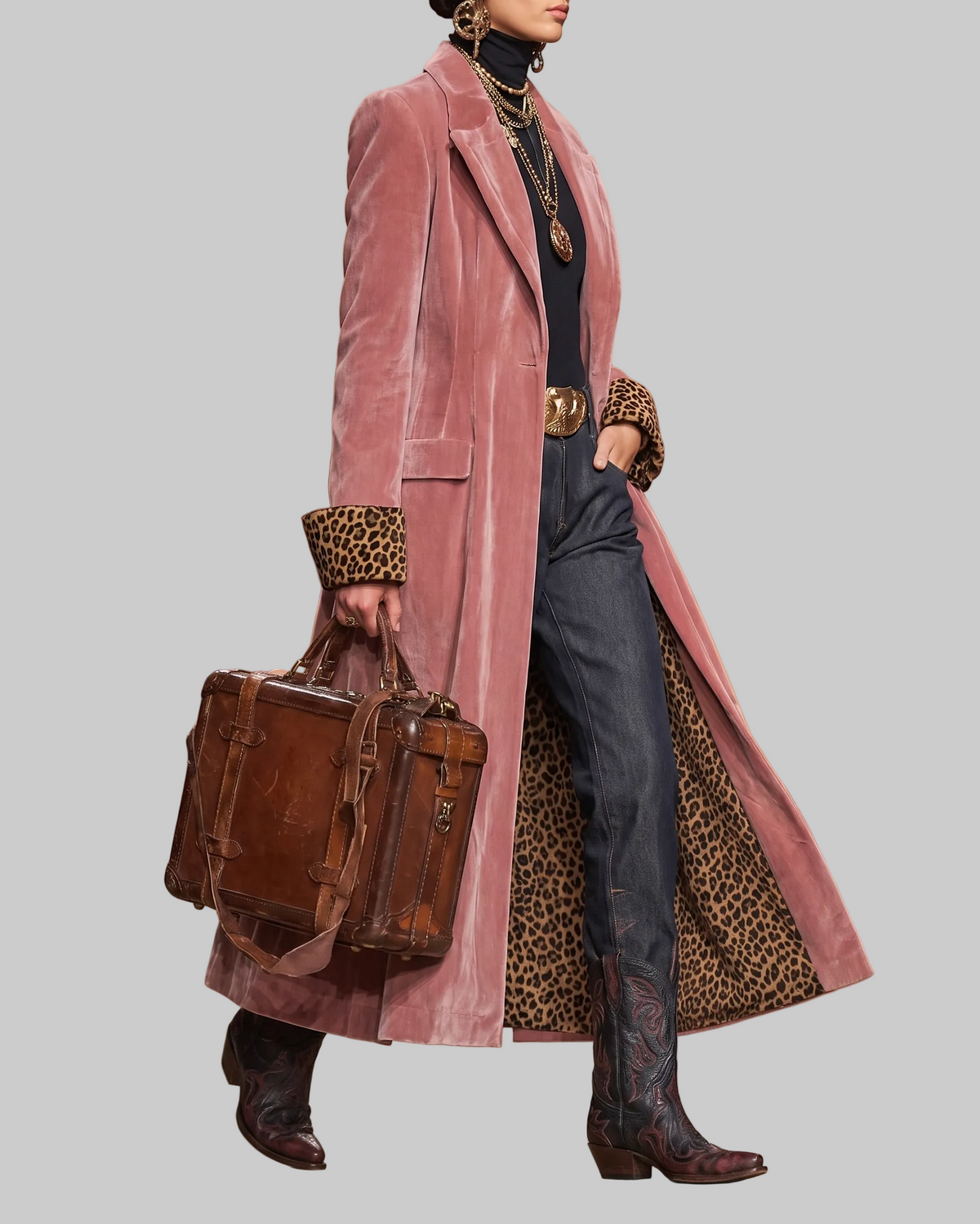 Women's Ankle-Length Tailored Coat with Leopard-Print Lining and Notched Lapels