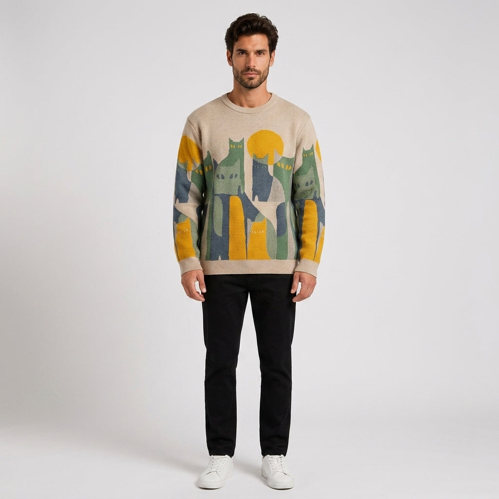 Hugo Thomas | Vintage Cat Print Sweater For Men - Beige