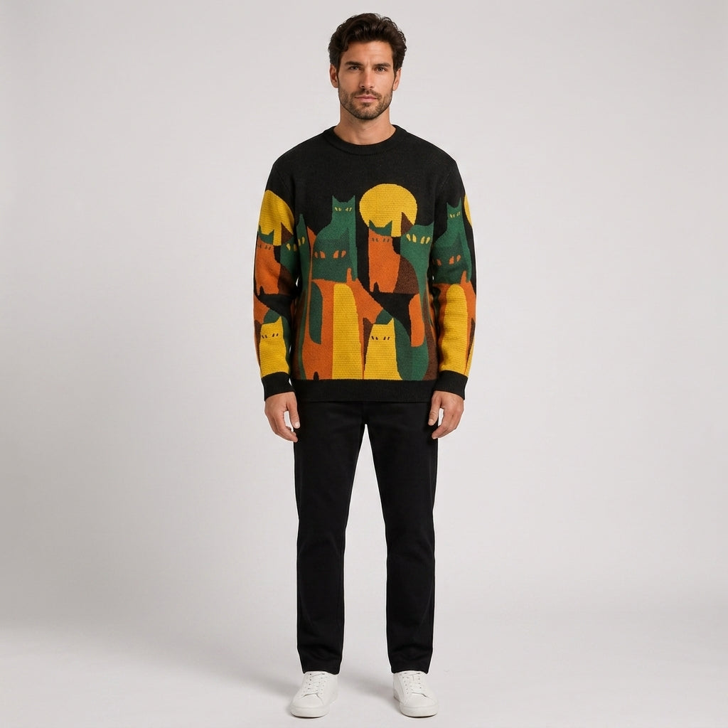 Hugo Thomas | Vintage Cat Print Sweater For Men - Black