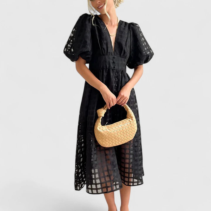 Harriet Colston | Sheer Checked Puff-Sleeve Midi Dress