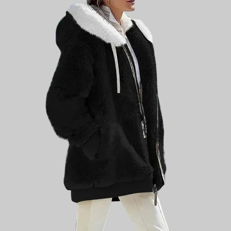 Hooded Winter Jacket with Full Zip Front and Colour Block Design