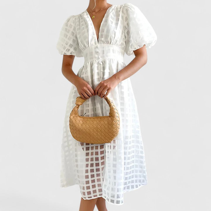 Harriet Colston | Sheer Checked Puff-Sleeve Midi Dress