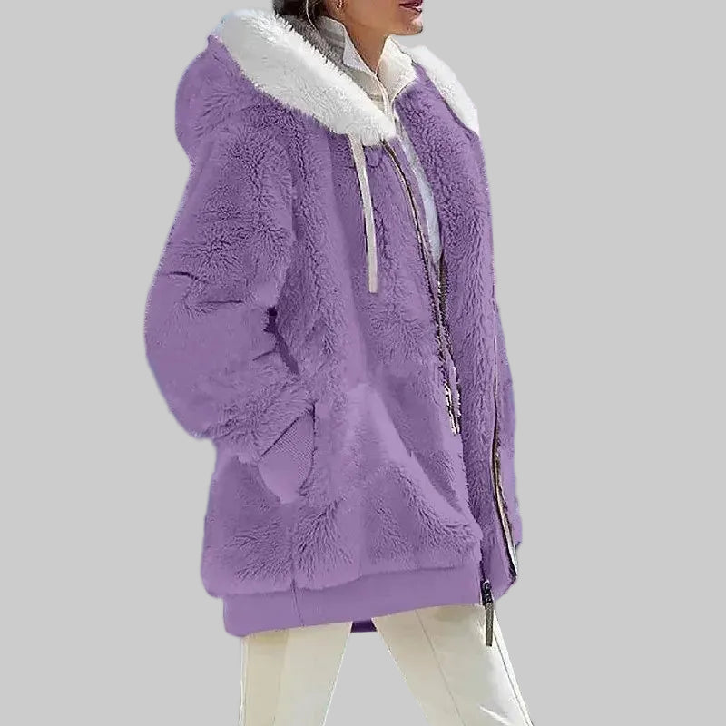 Hooded Winter Jacket with Full Zip Front and Colour Block Design