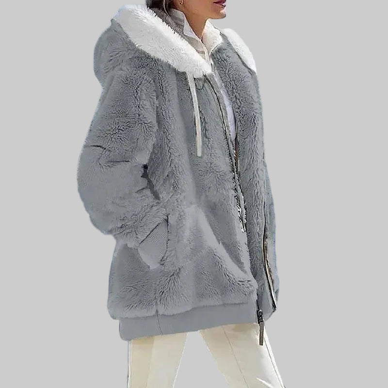 Hooded Winter Jacket with Full Zip Front and Colour Block Design