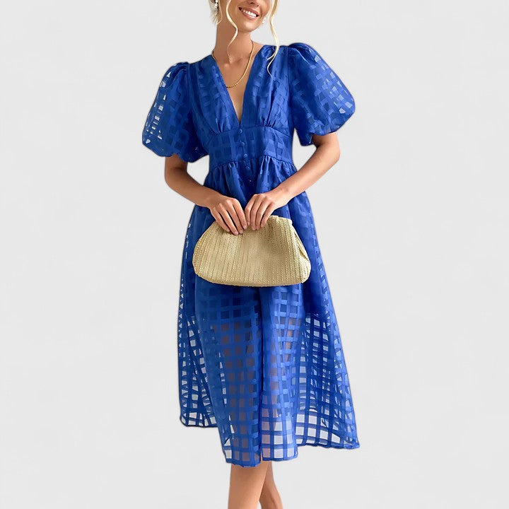 Harriet Colston | Sheer Checked Puff-Sleeve Midi Dress