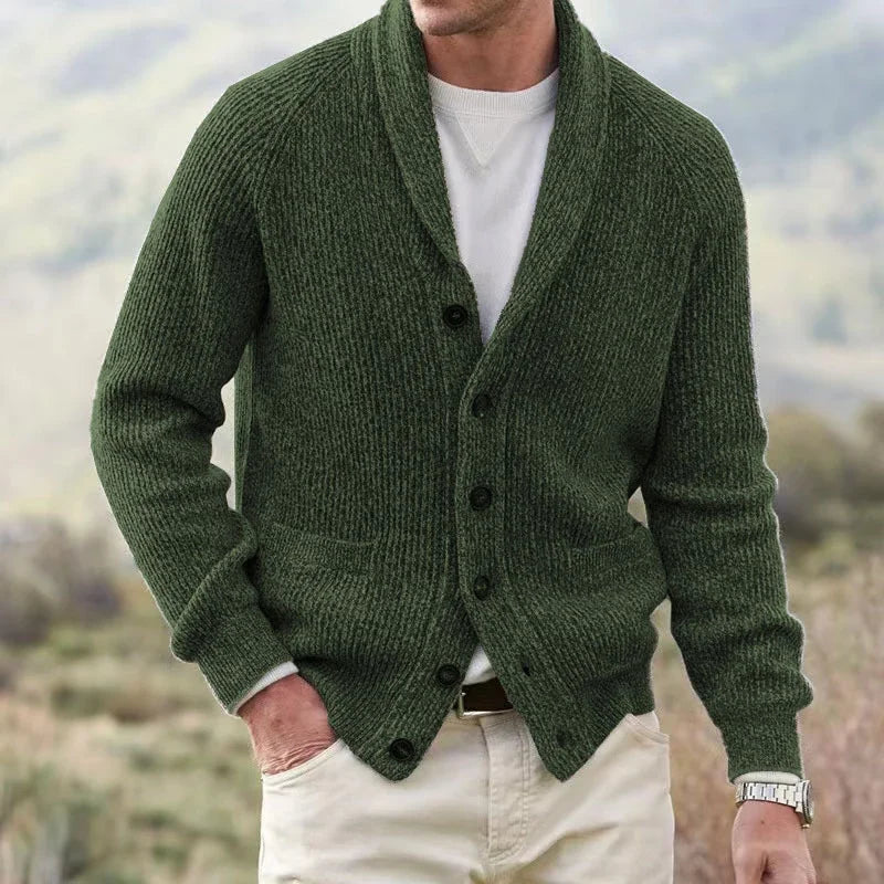 Men's Shawl Collar Button-Up Knit Cardigan - Verde militare