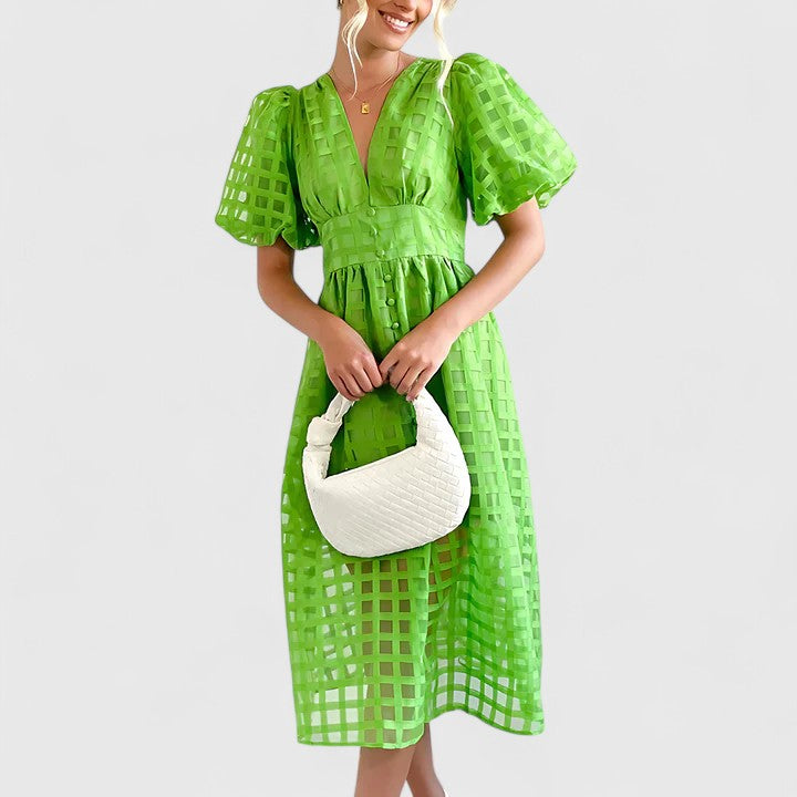 Harriet Colston | Sheer Checked Puff-Sleeve Midi Dress