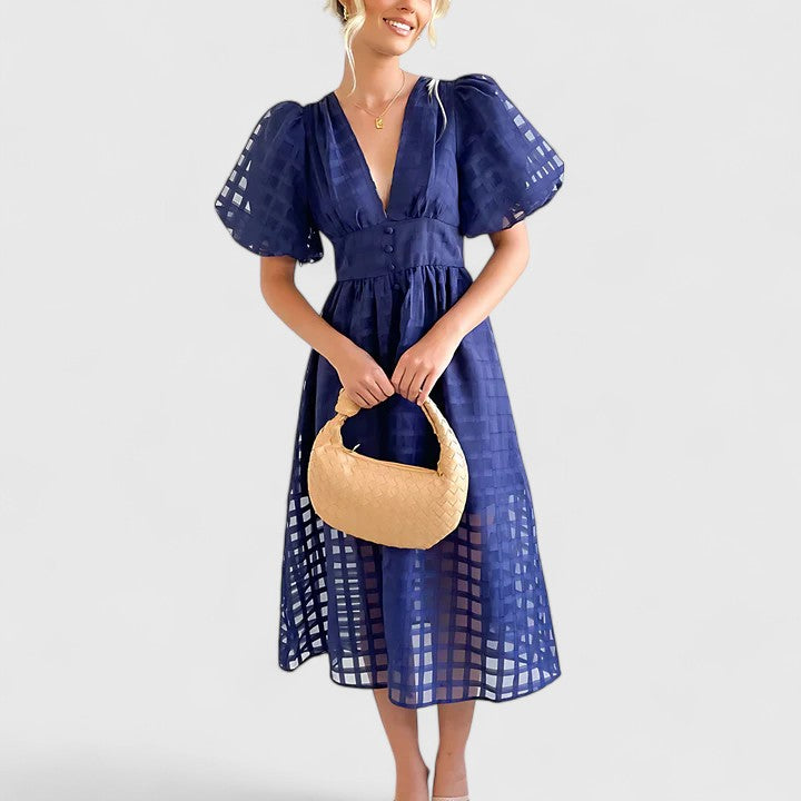 Harriet Colston | Sheer Checked Puff-Sleeve Midi Dress