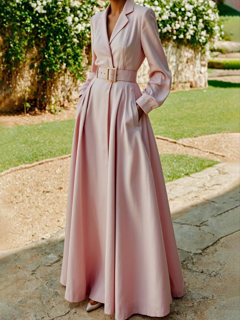Genevieve Winterbourne | Pleated Blazer Midi Dress With Belt