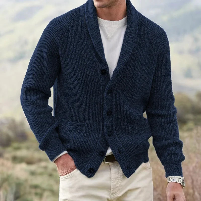 Men's Shawl Collar Button-Up Knit Cardigan - Blu navy