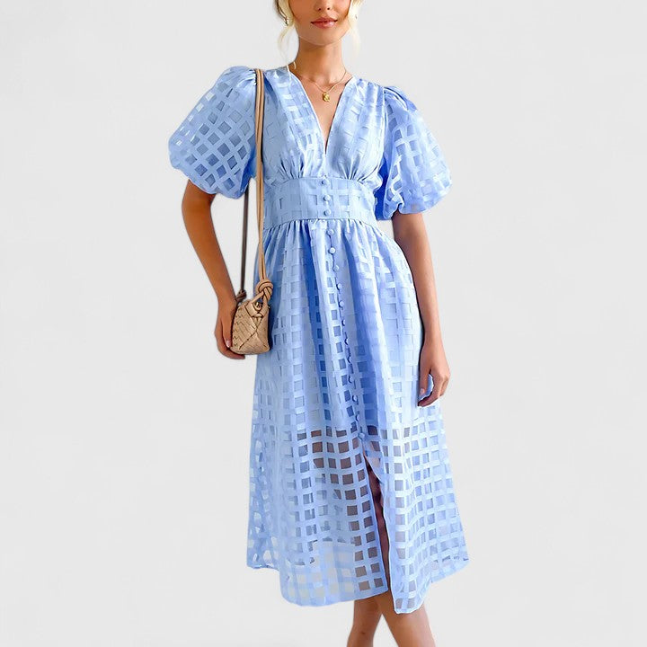 Harriet Colston | Sheer Checked Puff-Sleeve Midi Dress