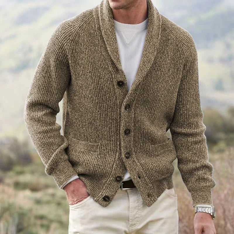 Men's Shawl Collar Button-Up Knit Cardigan - Cachi