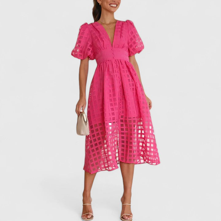 Harriet Colston | Sheer Checked Puff-Sleeve Midi Dress