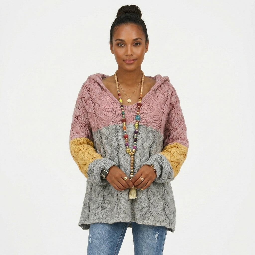 Imogen Cooper | Colour Block Cable Knit Hoodie