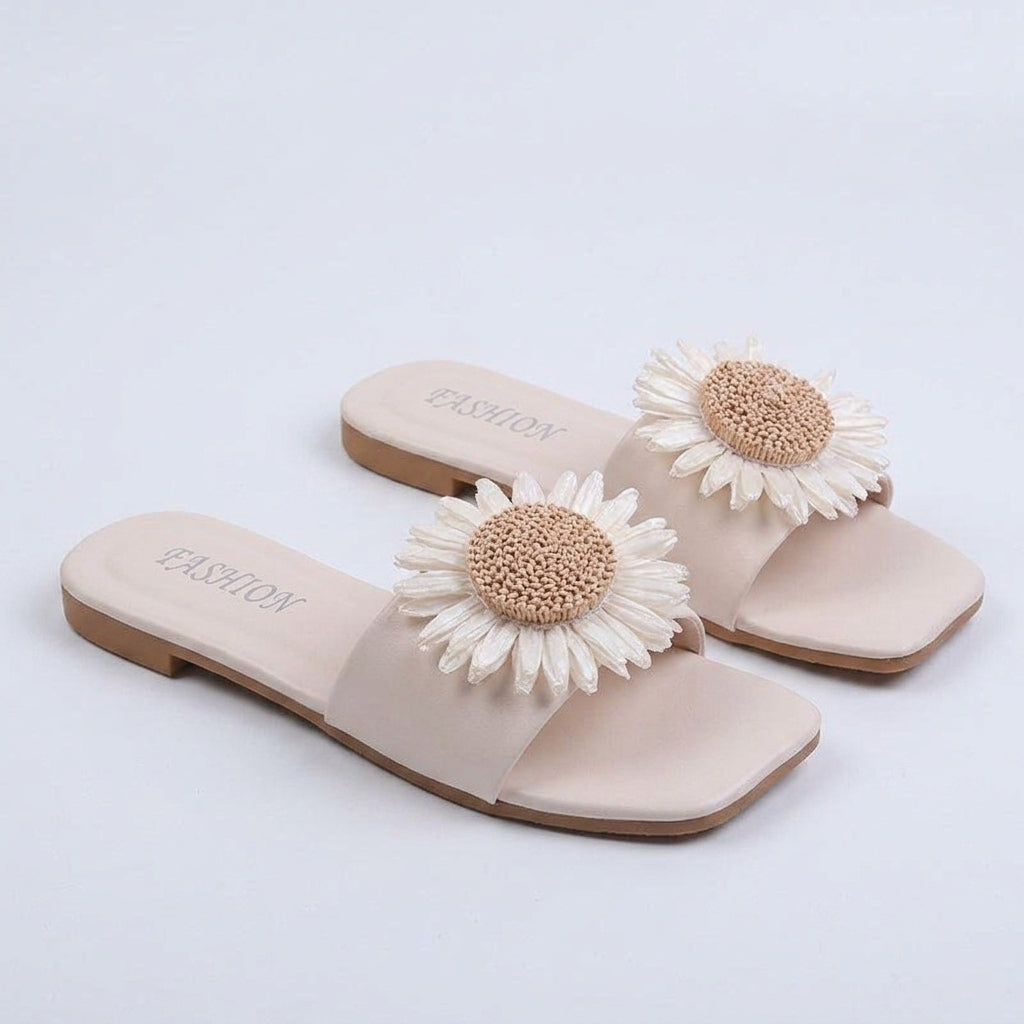 Imogen Taylor | Floral Flat Slippers with Daisy Detail - 606 Beige