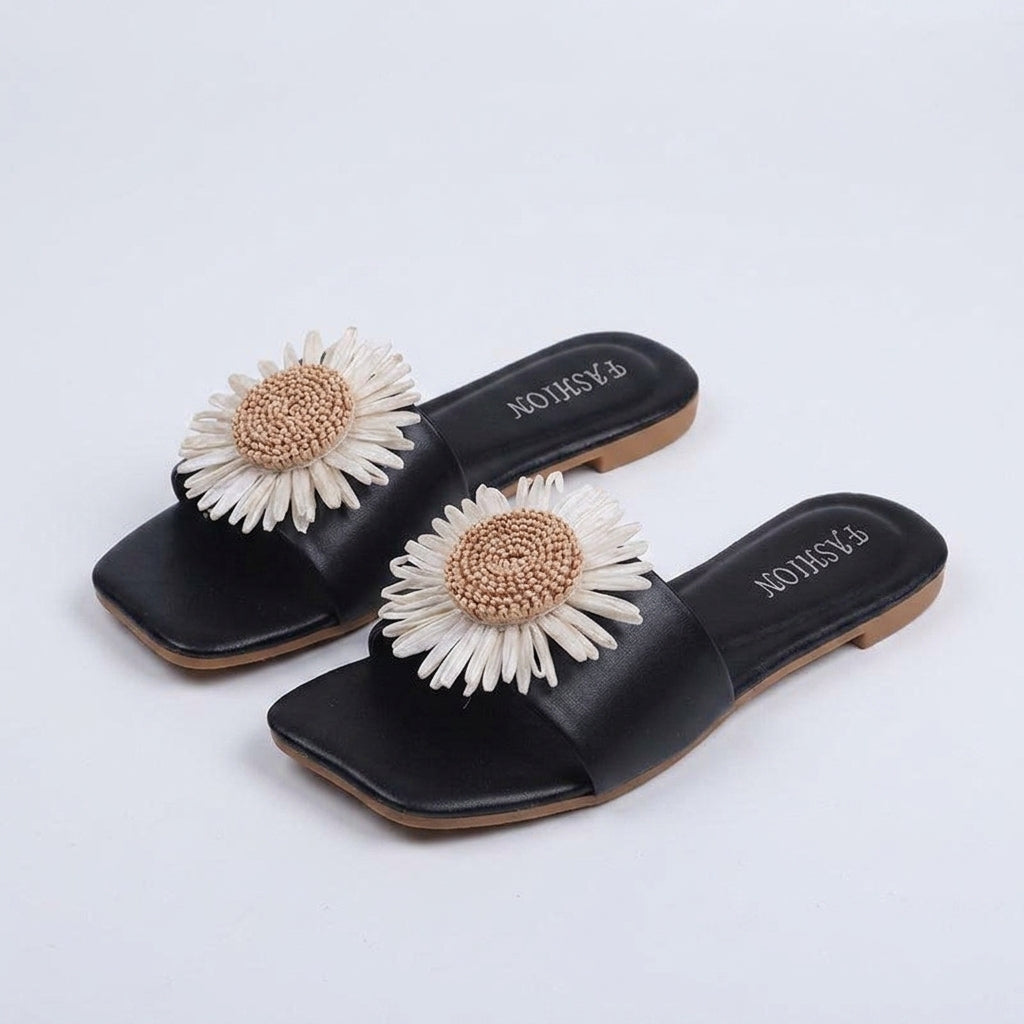 Imogen Taylor | Floral Flat Slippers with Daisy Detail - 606 Black
