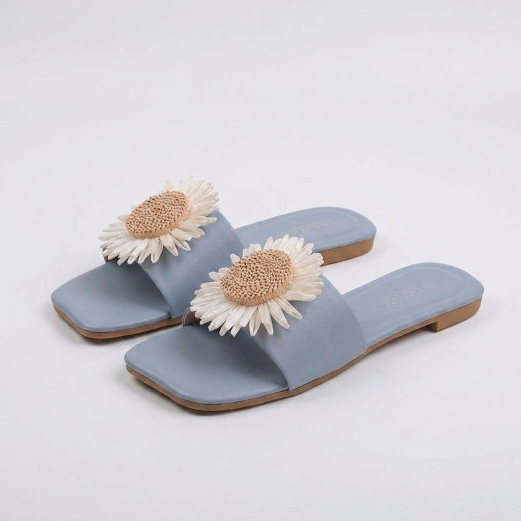 Imogen Taylor | Floral Flat Slippers with Daisy Detail - 606 Blue