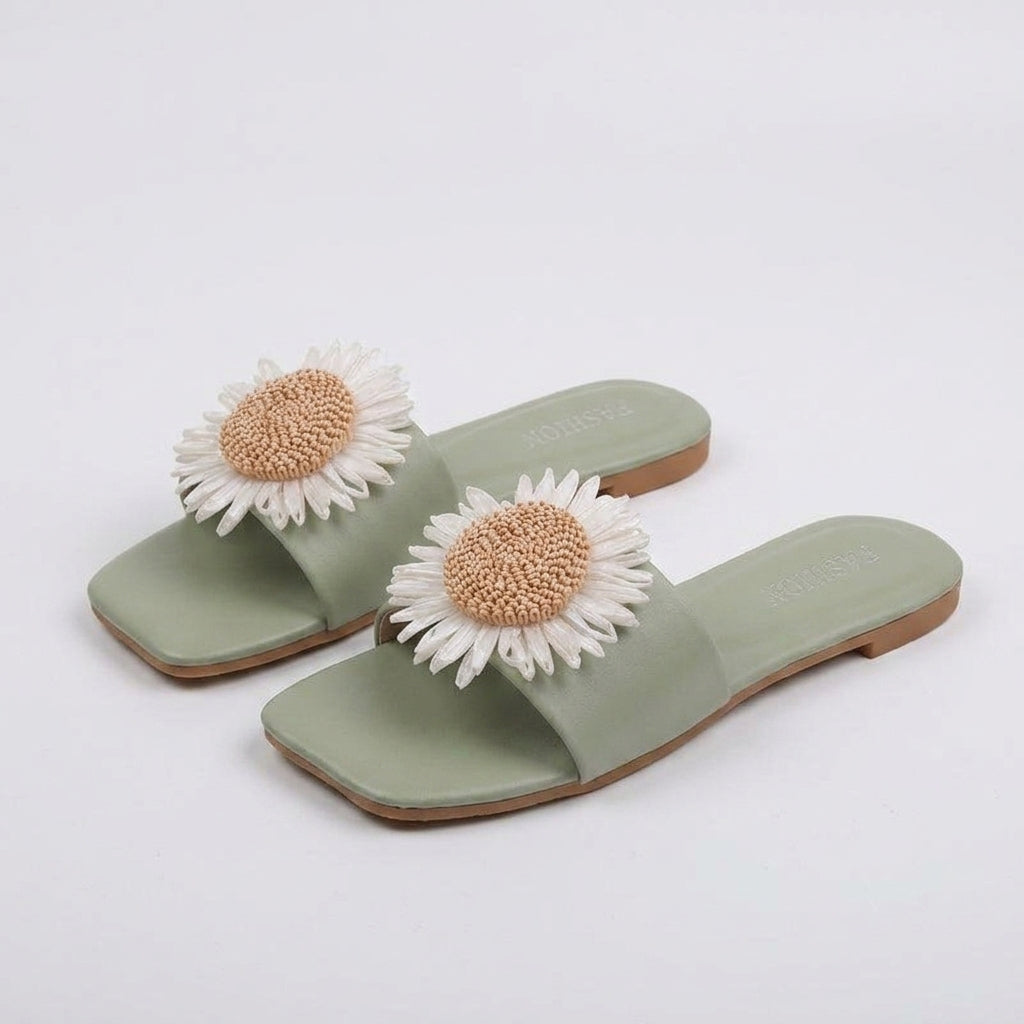 Imogen Taylor | Floral Flat Slippers with Daisy Detail - 606 Green