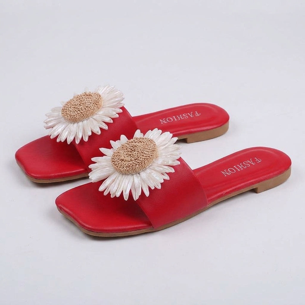 Imogen Taylor | Floral Flat Slippers with Daisy Detail - 606 Red
