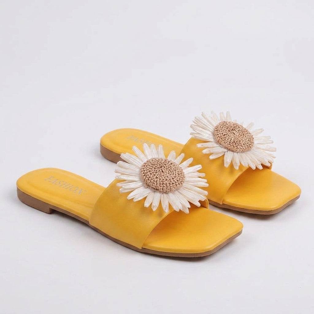 Imogen Taylor | Floral Flat Slippers with Daisy Detail - 606 Yellow