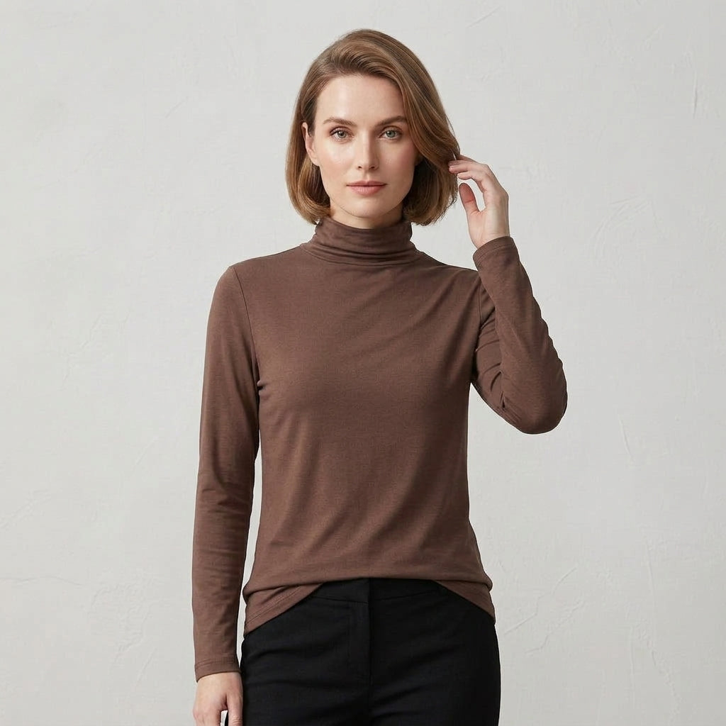 Isla Baxter | Fleece-Lined Turtleneck Long Sleeve Top - Dark Coffee