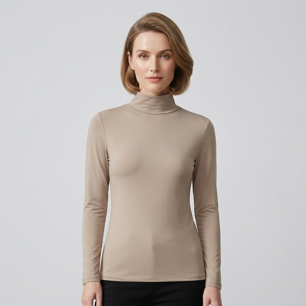 Isla Baxter | Fleece-Lined Turtleneck Long Sleeve Top - Khaki