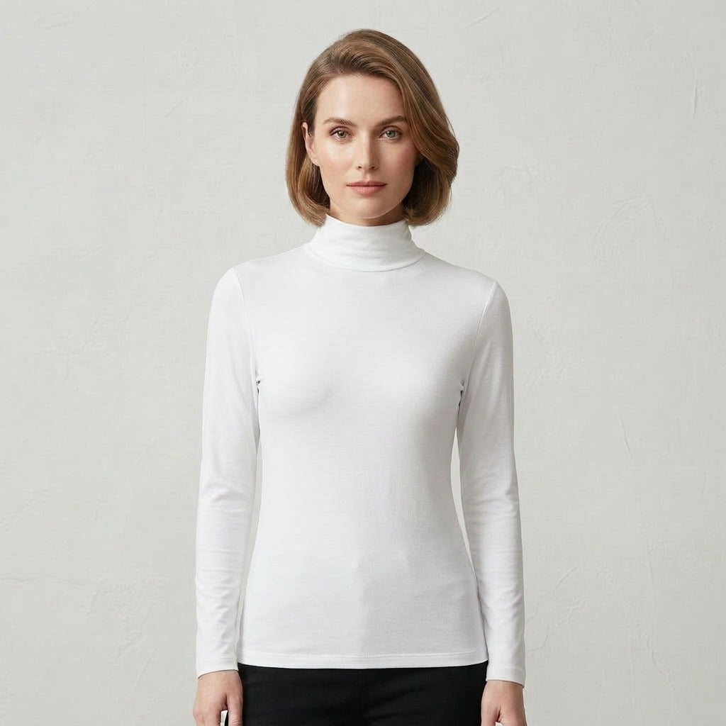 Isla Baxter | Fleece-Lined Turtleneck Long Sleeve Top - White