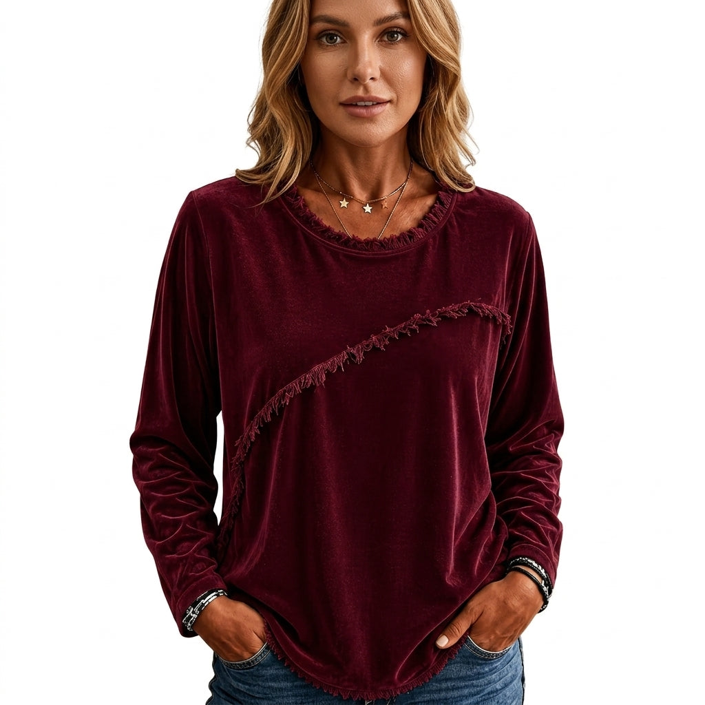 Isobel Grantham | Velvet Tassel Trim Round Neck Long Sleeve Top