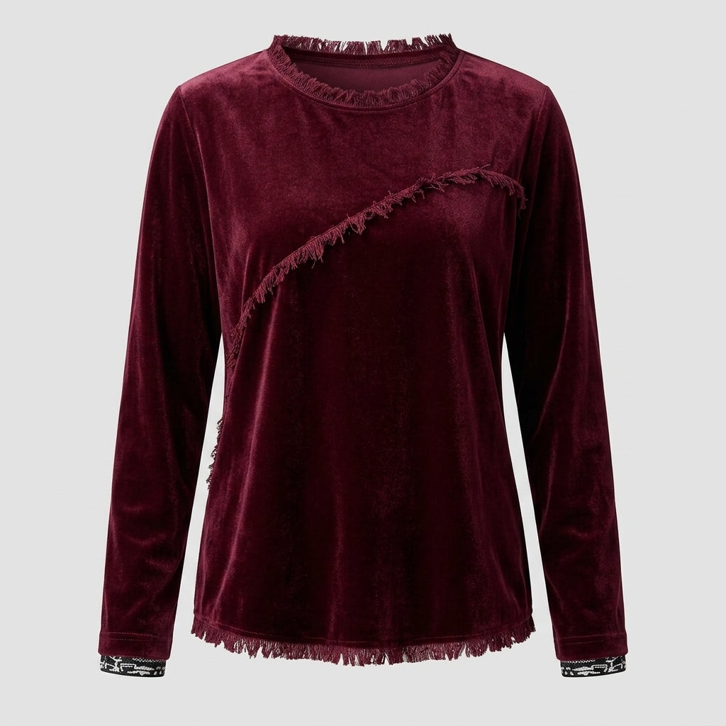 Isobel Grantham | Velvet Tassel Trim Round Neck Long Sleeve Top