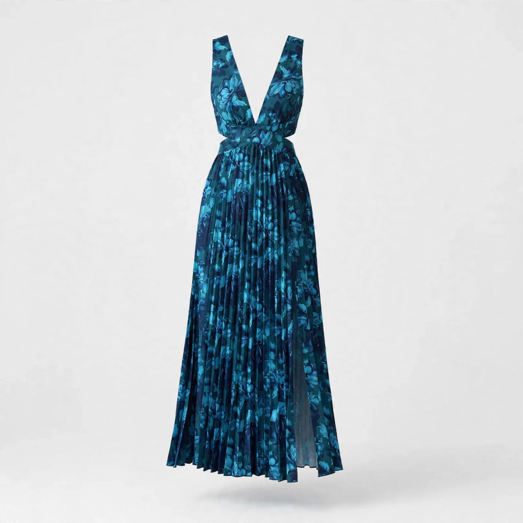 Daisy Trevelyan | Pleated Floral Maxi Dress with Cutout Waist