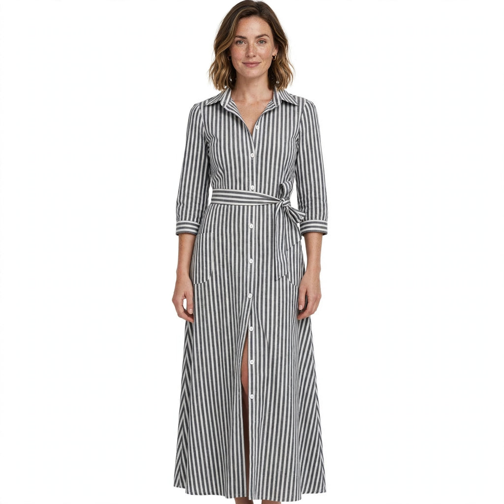 Daisy Fenn | Striped Cotton Maxi Dress with Tie Belt