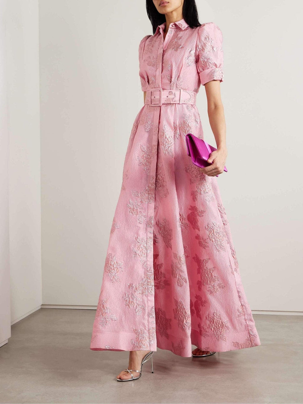 Daisy Fitzgerald | Belted Jacquard Maxi Dress With Puff Sleeves