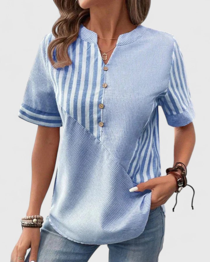 Eleanor Pemberton | Striped Notched-Neck Blouse With Button Detail