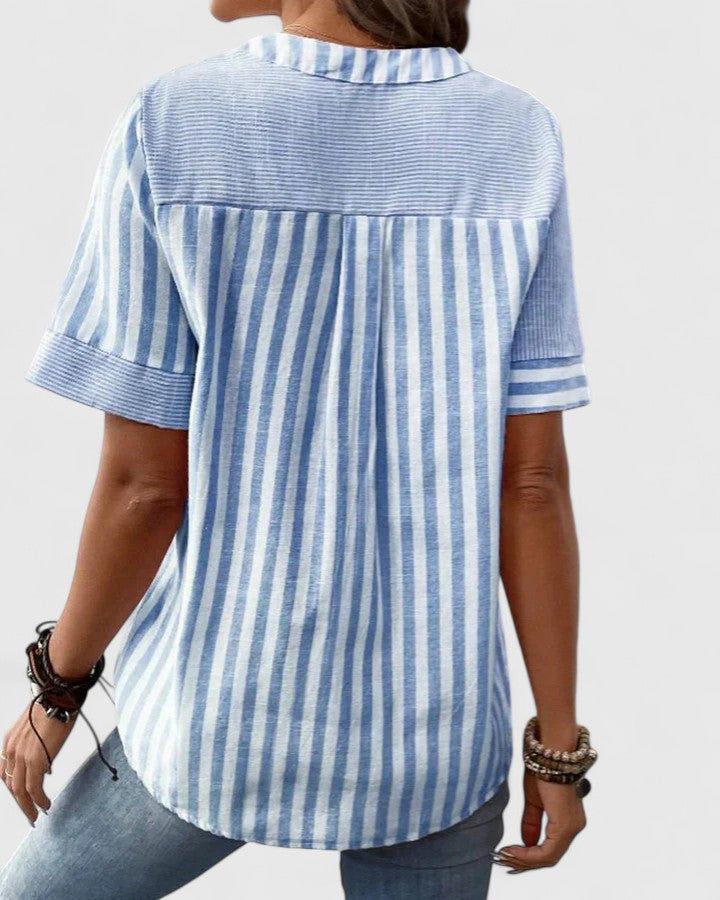 Eleanor Pemberton | Striped Notched-Neck Blouse With Button Detail