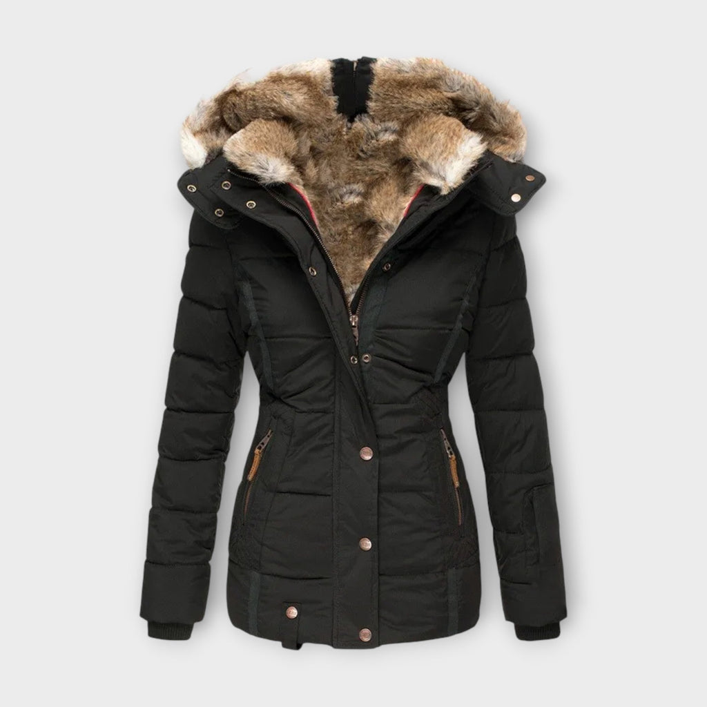 Women's Hooded Faux Fur-Lined Winter Jacket with Fitted Waist and Pockets