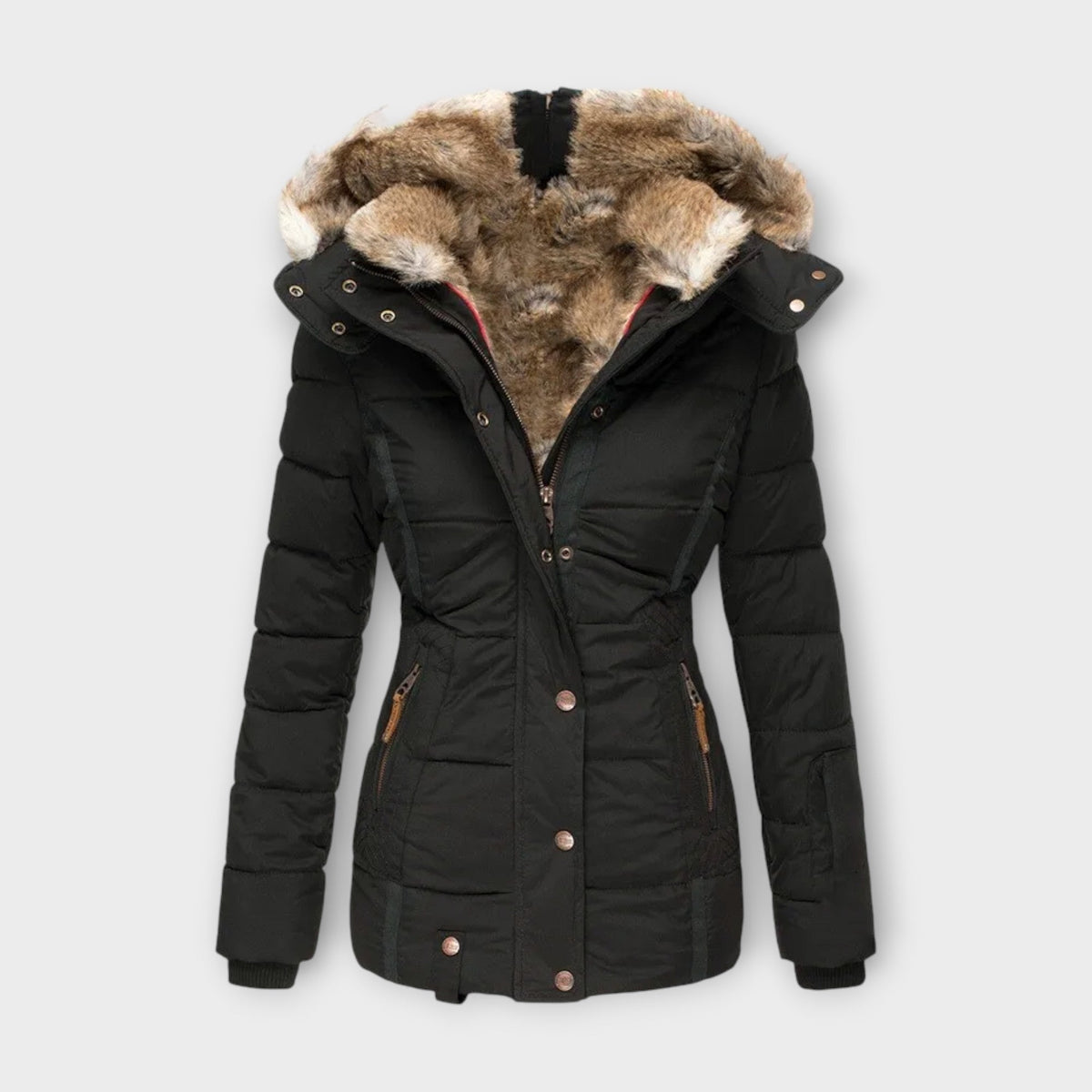 Women's Hooded Faux Fur-Lined Winter Jacket with Fitted Waist and Pockets