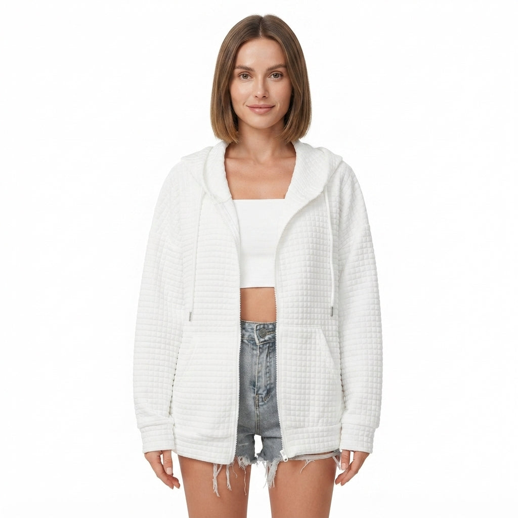 Lucy Barrington | White Textured Zip-Up Hooded Jacket