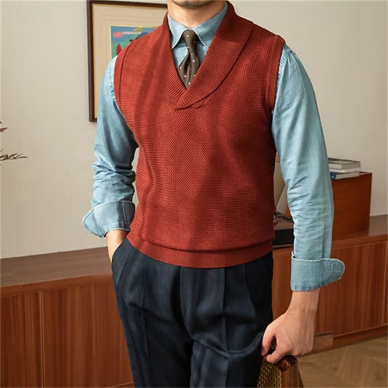Clive Ashdown | Rust Knit Sweater Vest With Shawl Collar