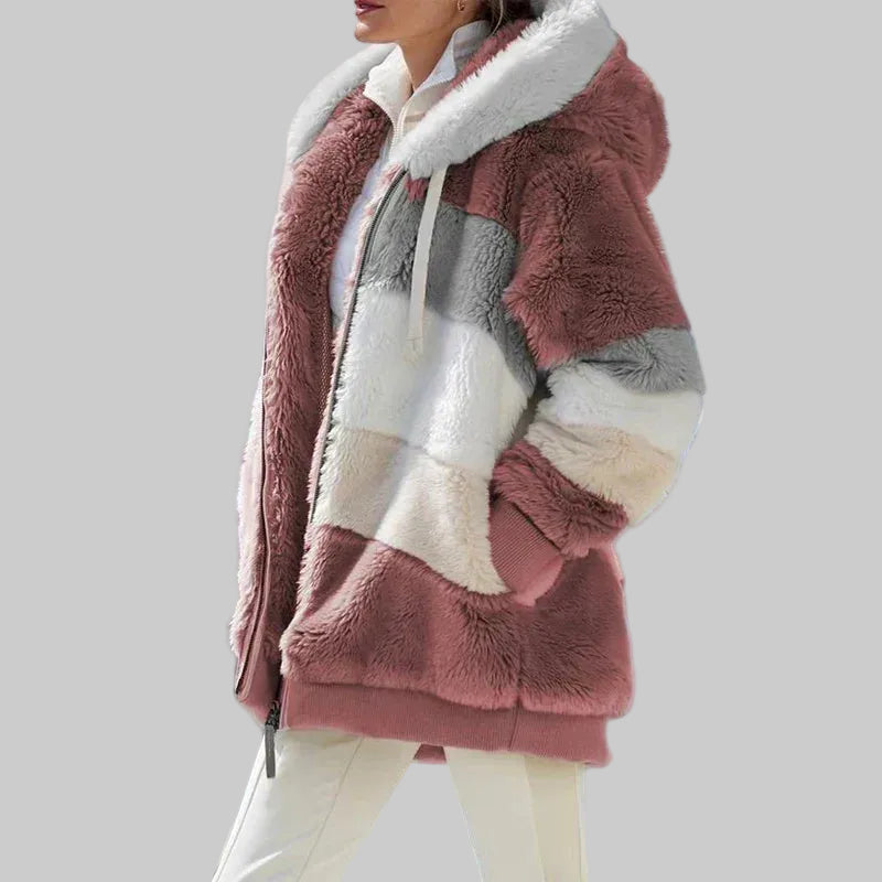 Hooded Winter Jacket with Full Zip Front and Colour Block Design
