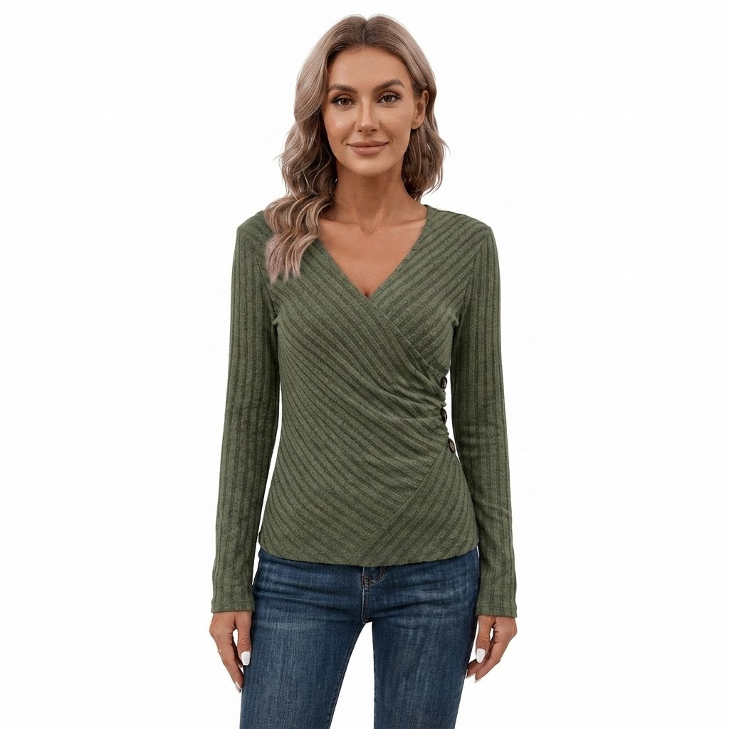 Maeve Kingsley | Ribbed Wrap V-Neck Long Sleeve Top
