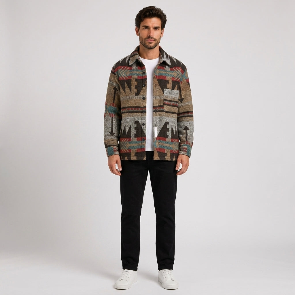 Malcolm Green | Aztec Print Wool Mens Jacket - dark coffee