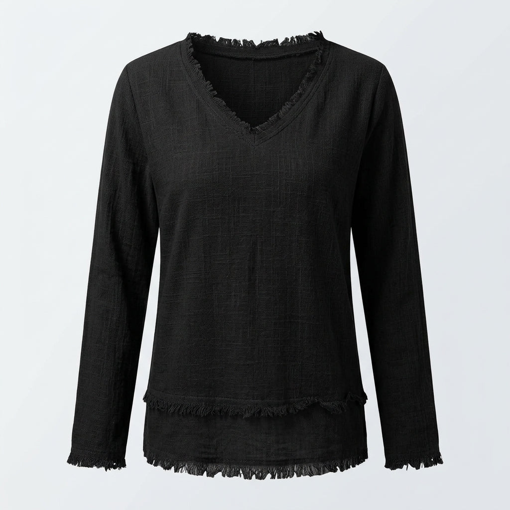 Margot Ainsley | Frayed V-Neck Long Sleeve Top
